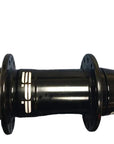 A black bicycle hub with white lettering on the center section..