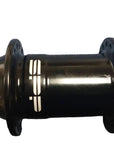 A black bicycle hub with white lettering on the center.