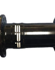 A black bicycle hub with white branding.