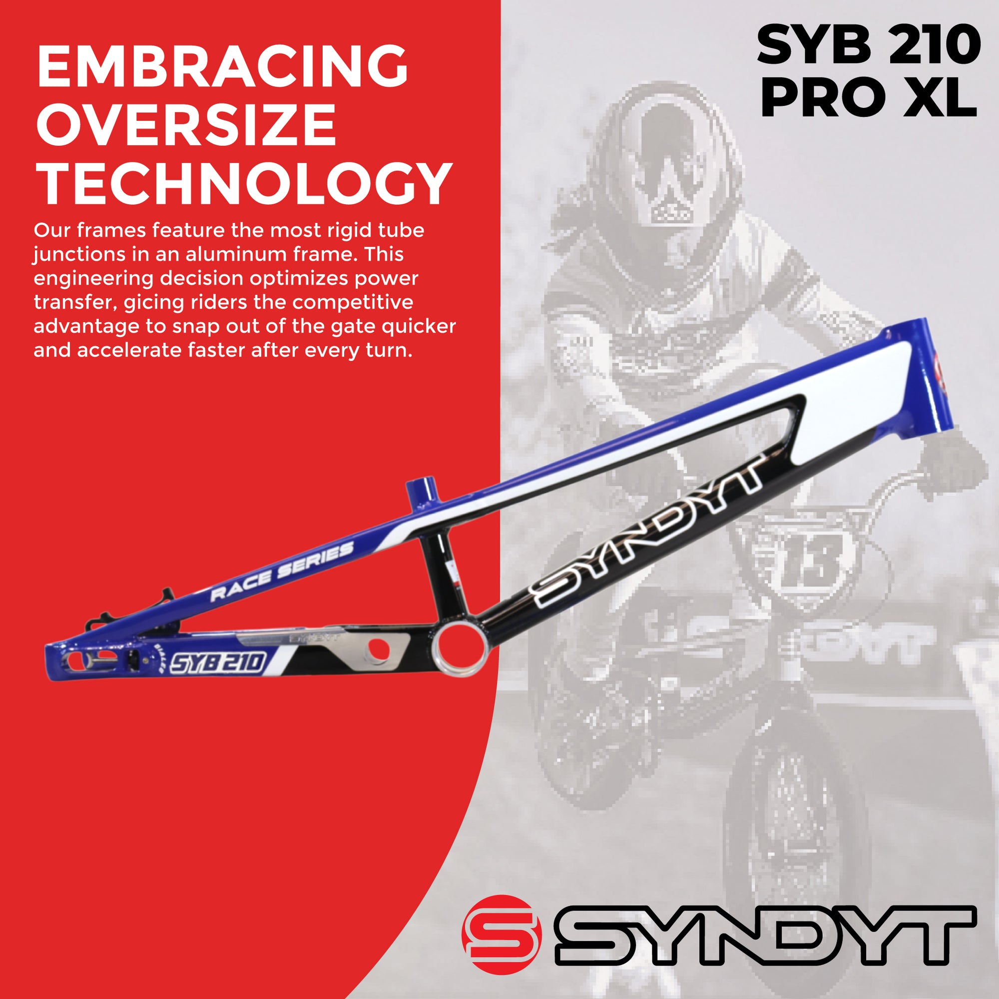 Syndyt 210 Pro XL BMX Racing Bike Frame – 21” Top Tube, 6061-T6 Aluminum (4.05 lbs), Tapered 42/52 Head Tube, B52 Tech BB, 10/15/20mm Hubs, 140mm Disc Brake,  Chain Tensioners – Red Bicycle Frame