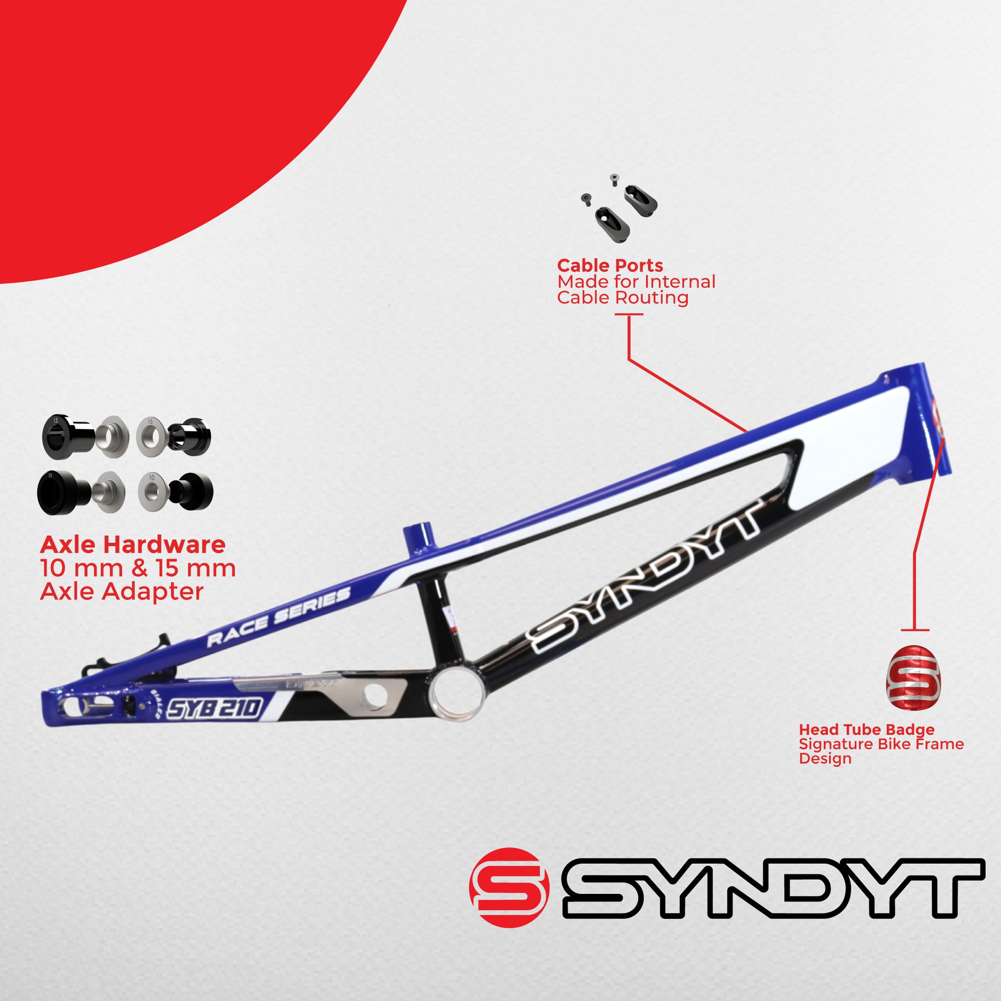 Syndyt 210 Pro XL BMX Racing Bike Frame – 21” Top Tube, 6061-T6 Aluminum (4.05 lbs), Tapered 42/52 Head Tube, B52 Tech BB, 10/15/20mm Hubs, 140mm Disc Brake,  Chain Tensioners – Red Bicycle Frame