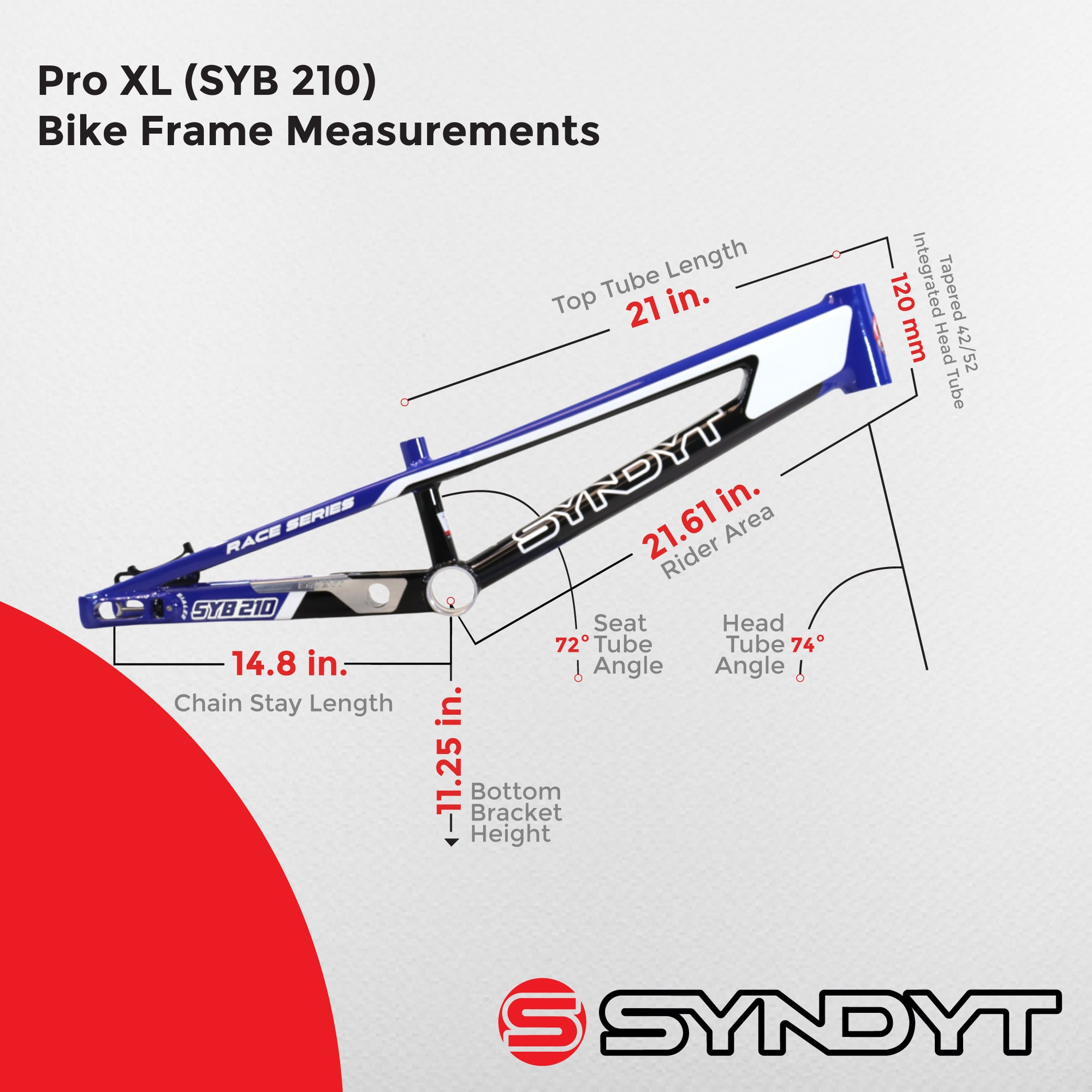 Syndyt 210 Pro XL BMX Racing Bike Frame – 21” Top Tube, 6061-T6 Aluminum (4.05 lbs), Tapered 42/52 Head Tube, B52 Tech BB, 10/15/20mm Hubs, 140mm Disc Brake,  Chain Tensioners – Red Bicycle Frame