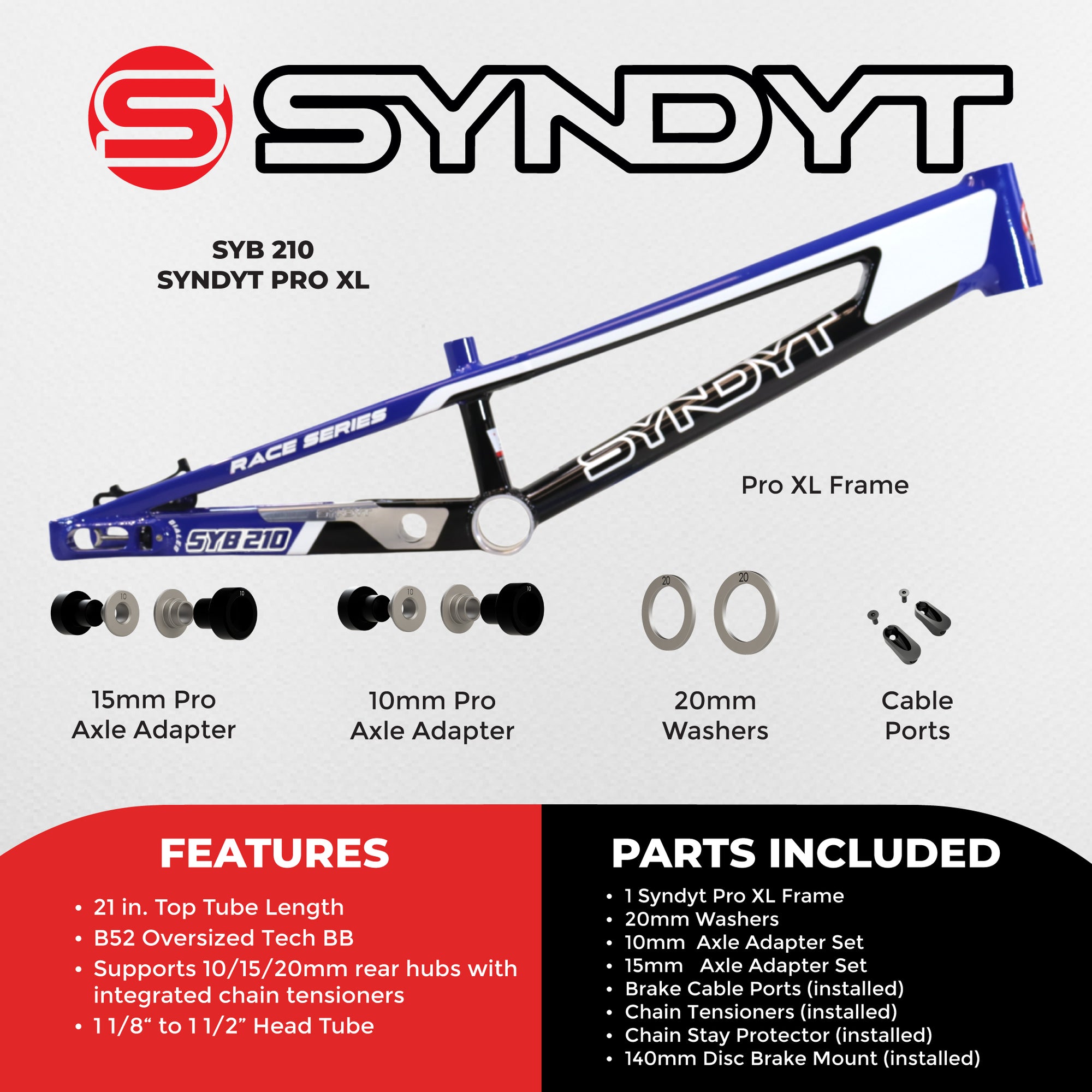 Syndyt 210 Pro XL BMX Racing Bike Frame – 21” Top Tube, 6061-T6 Aluminum (4.05 lbs), Tapered 42/52 Head Tube, B52 Tech BB, 10/15/20mm Hubs, 140mm Disc Brake,  Chain Tensioners – Red Bicycle Frame