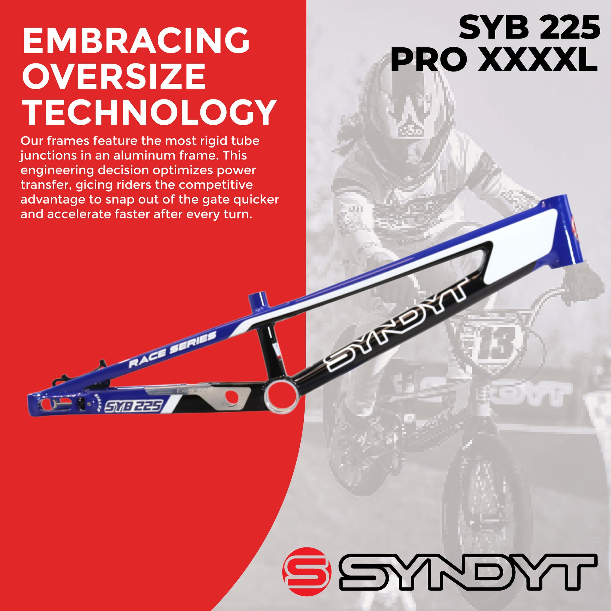 Syndyt 225 Pro 4XL BMX Racing Bike Frame – 22.5” Top Tube, 6061-T6 Aluminum (4.19 lbs), Tapered 42/52 Head Tube, B52 Tech BB, 10/15/20mm Hubs, 140mm Disc Brake, Integrated Chain Tensioners – Red