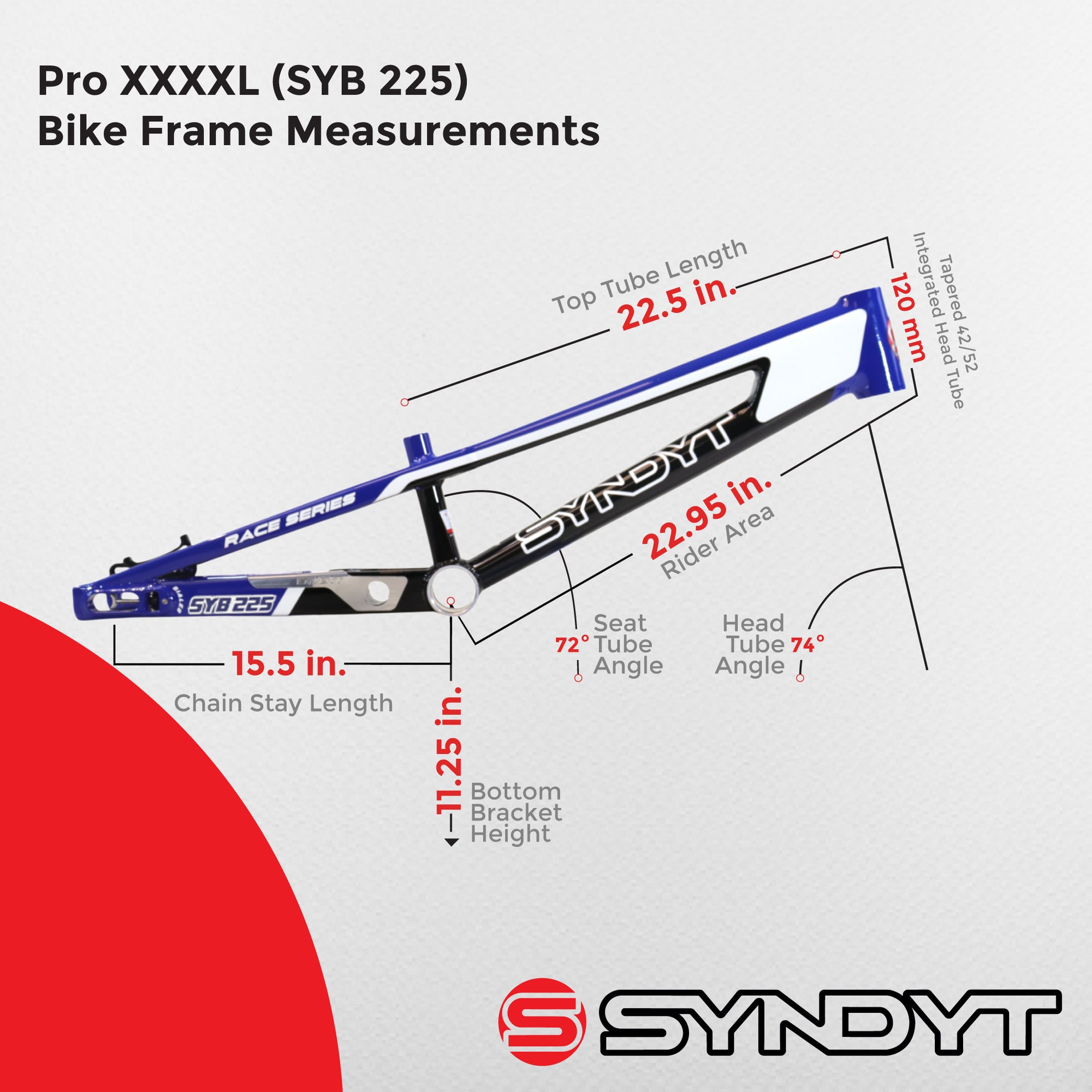 Syndyt 225 Pro 4XL BMX Racing Bike Frame – 22.5” Top Tube, 6061-T6 Aluminum (4.19 lbs), Tapered 42/52 Head Tube, B52 Tech BB, 10/15/20mm Hubs, 140mm Disc Brake, Integrated Chain Tensioners – Red