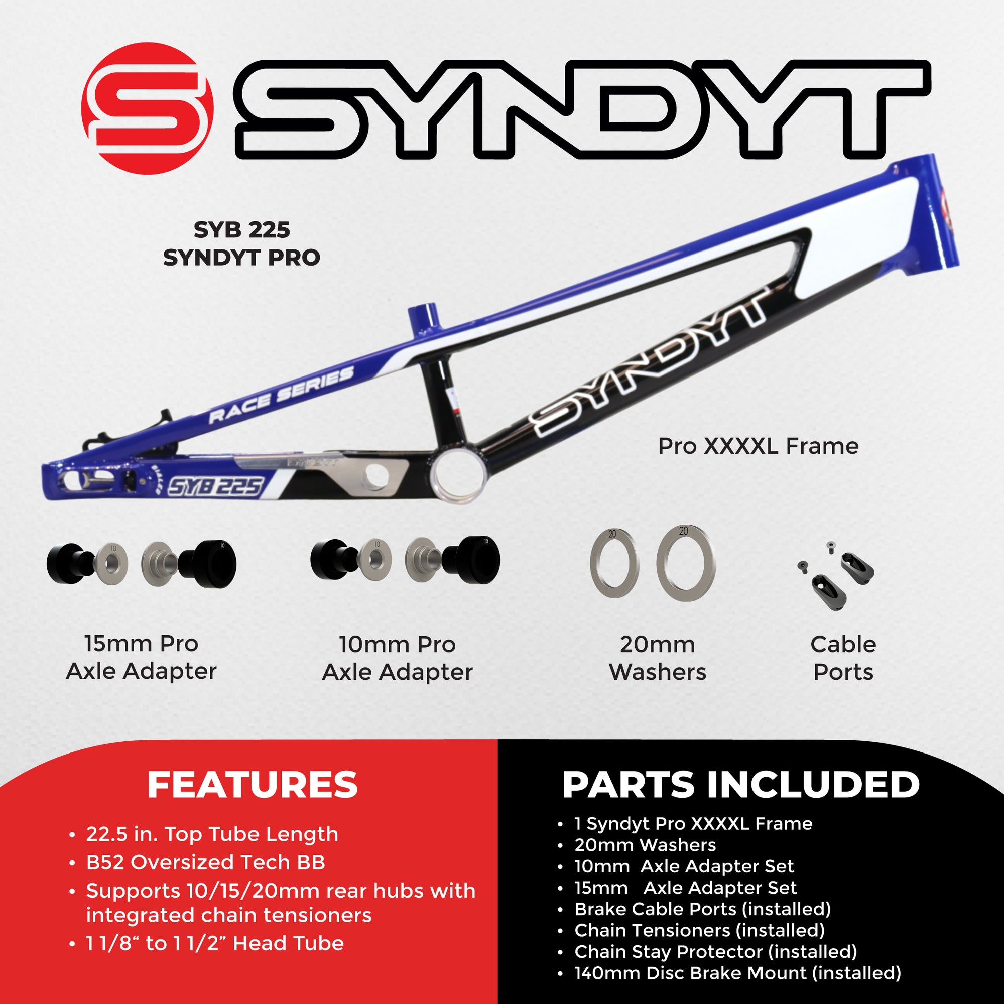 Syndyt 225 Pro 4XL BMX Racing Bike Frame – 22.5” Top Tube, 6061-T6 Aluminum (4.19 lbs), Tapered 42/52 Head Tube, B52 Tech BB, 10/15/20mm Hubs, 140mm Disc Brake, Integrated Chain Tensioners – Red