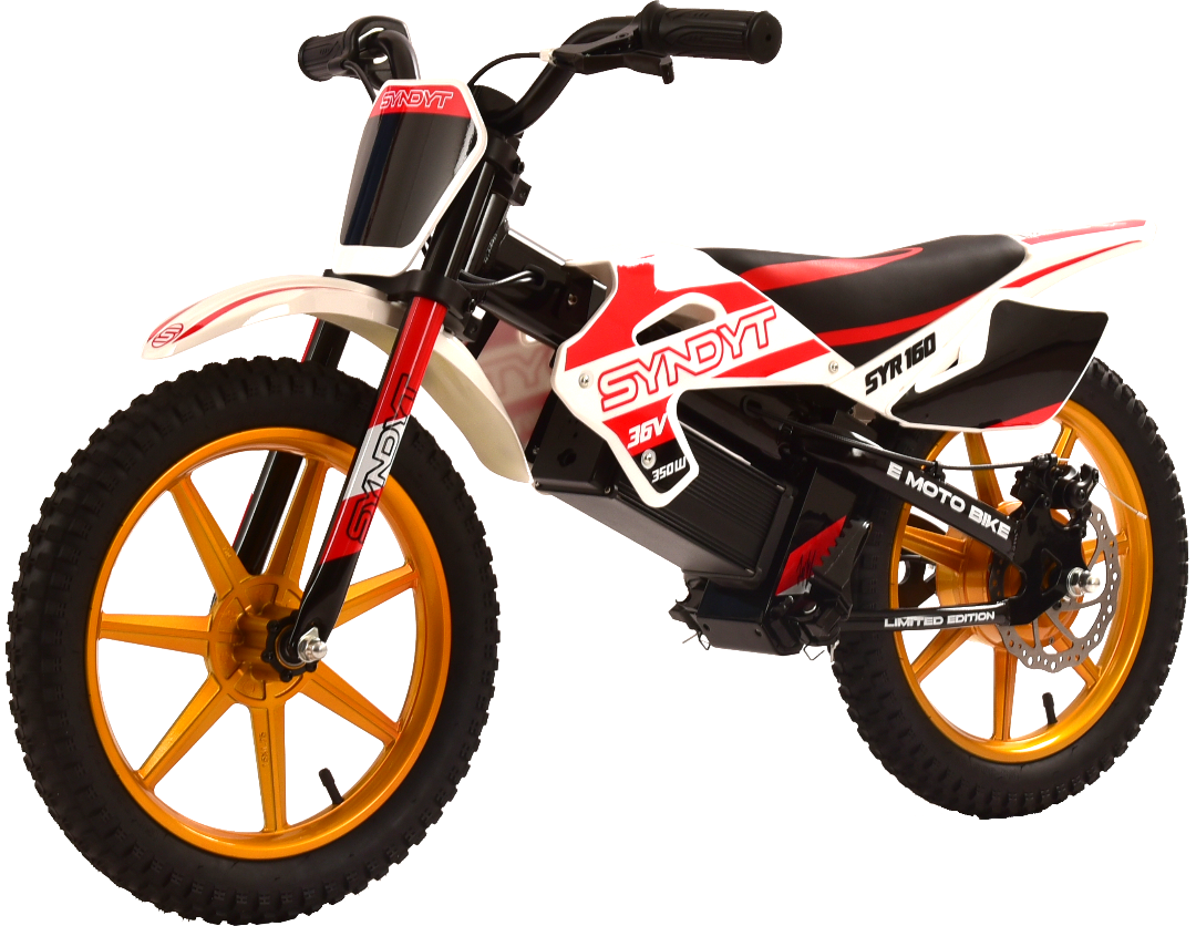 Children&#39;s dirt bike with orange wheels on a white background