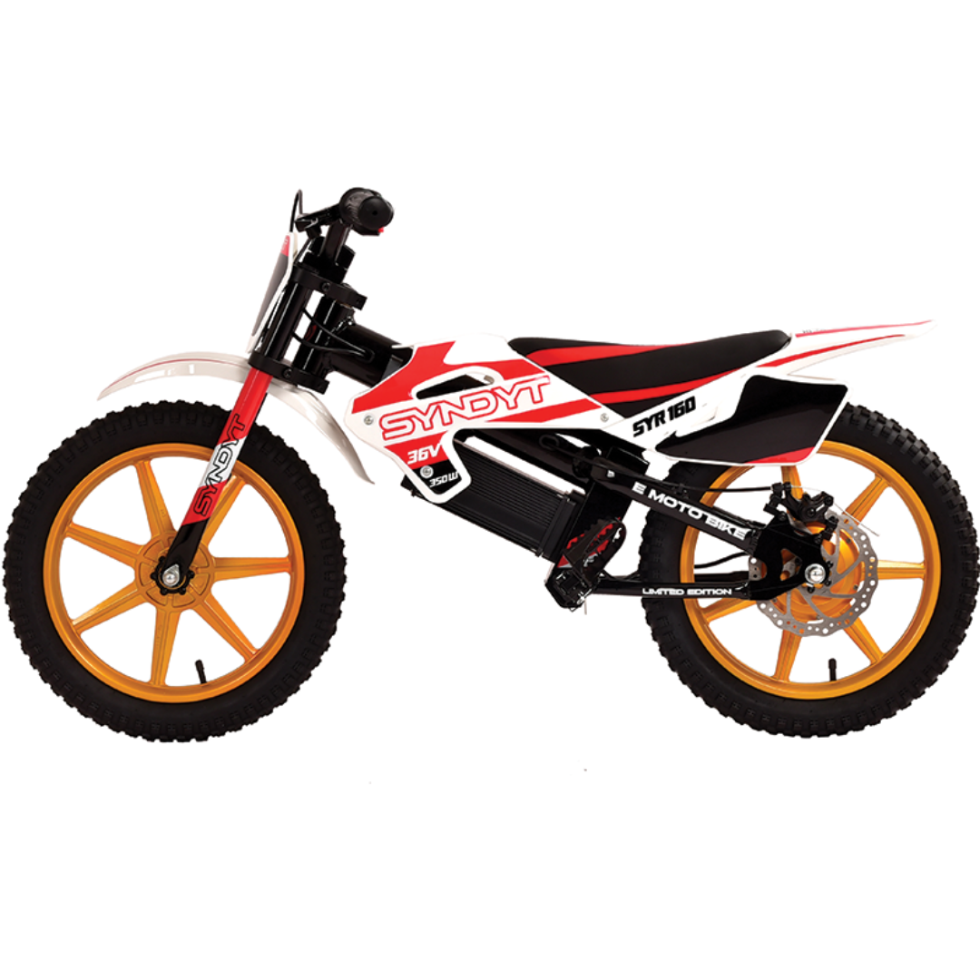 Children&#39;s dirt bike with gold wheels on a white background