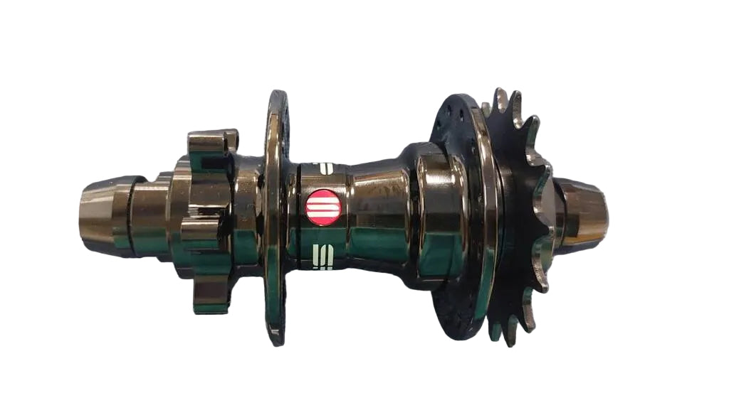 A used bicycle hub with a black multi-gear rear wheel side and a dark metallic brown front side.