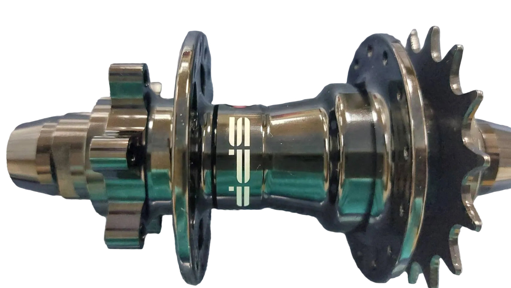 A metallic bicycle hub component with a rear sprocket and front splined end.