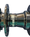 A metallic bicycle hub component with a rear sprocket and front splined end.