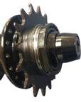 A close-up of a bicycle hub component with a black multi-sprocket rear wheel and  front freehub body.