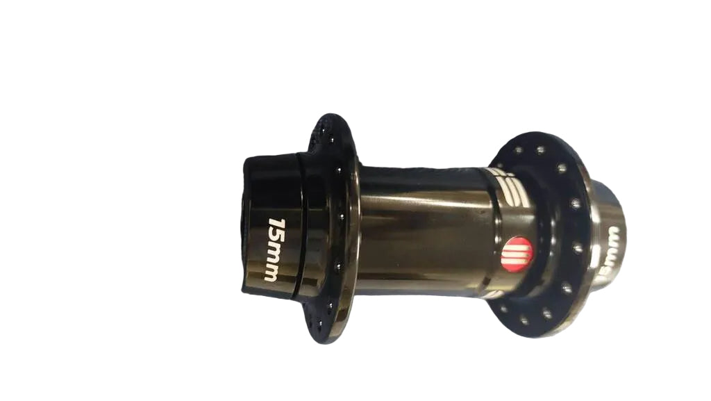 A black bicycle hub with '15mm' printed in white on one side and a red accent ring,.