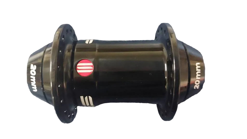A black 20mm bicycle hub with white text markings and a red and white logo.