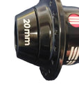 A close-up of a black bicycle hub with '20mm' printed in white on the cone.