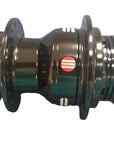 A close-up of a bicycle hub component with a dark metallic finish, featuring a small red and white striped logo on the side.