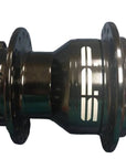 A dark metallic bicycle hub with a white 'S.P.' logo,