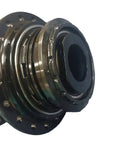 A close-up of a metallic bicycle hub component with dark steel and black finish.