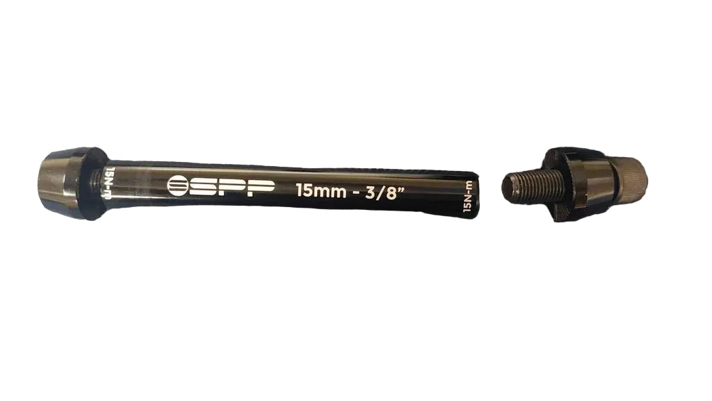 A black 15mm (3/8 inch) bicycle quick release skewer shown disassembled with the brand 'SPP' printed on the side.